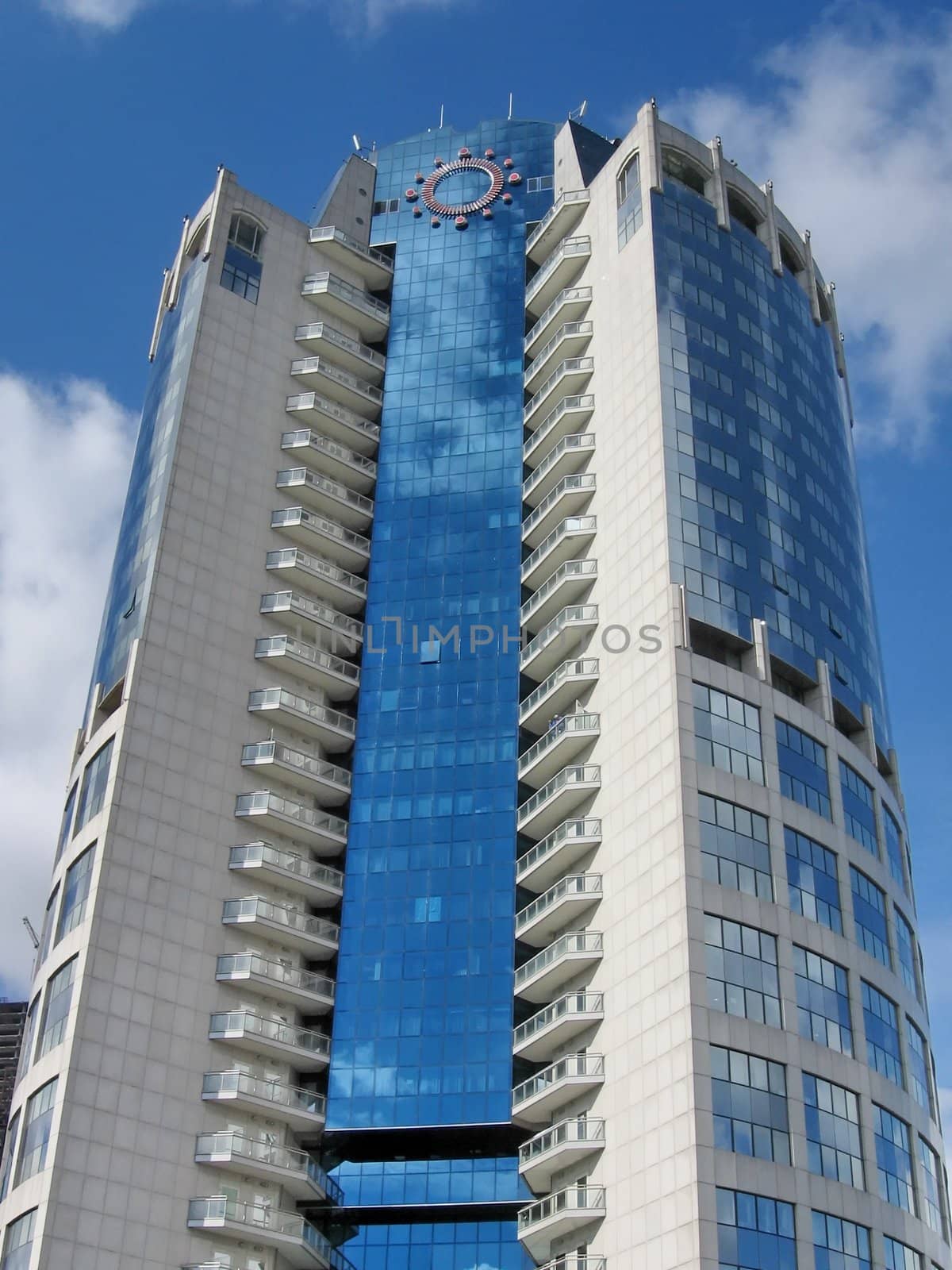 High Moscow blue building near the Bagration bridge at sunny day