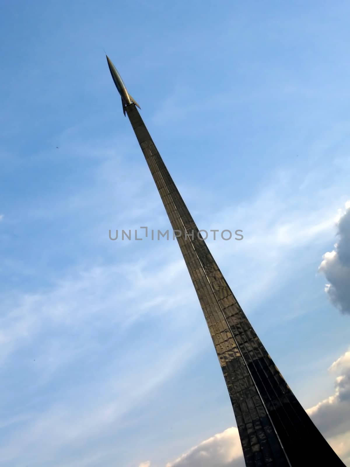 Inclined rocket monument at Moscow museum of cosmos