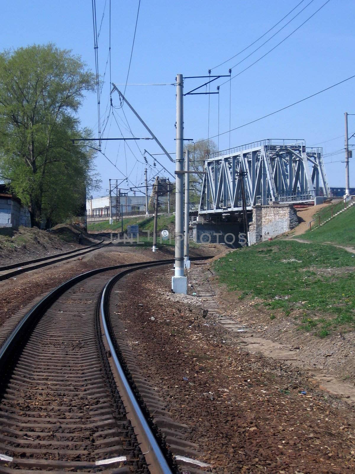 Steel railway bridge near the Moscow station at sunny day