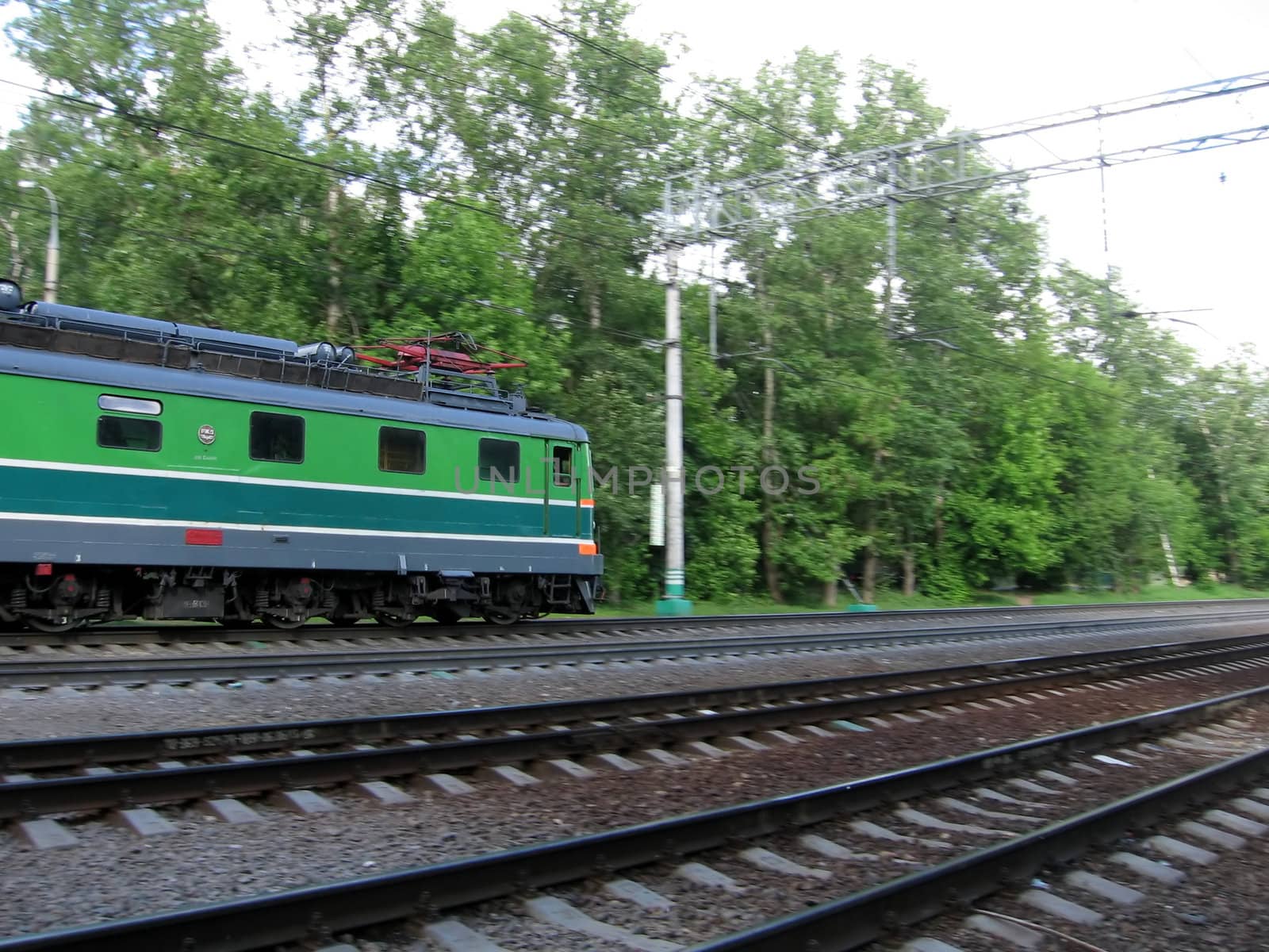 Green fast Russian locomotive moves through wood