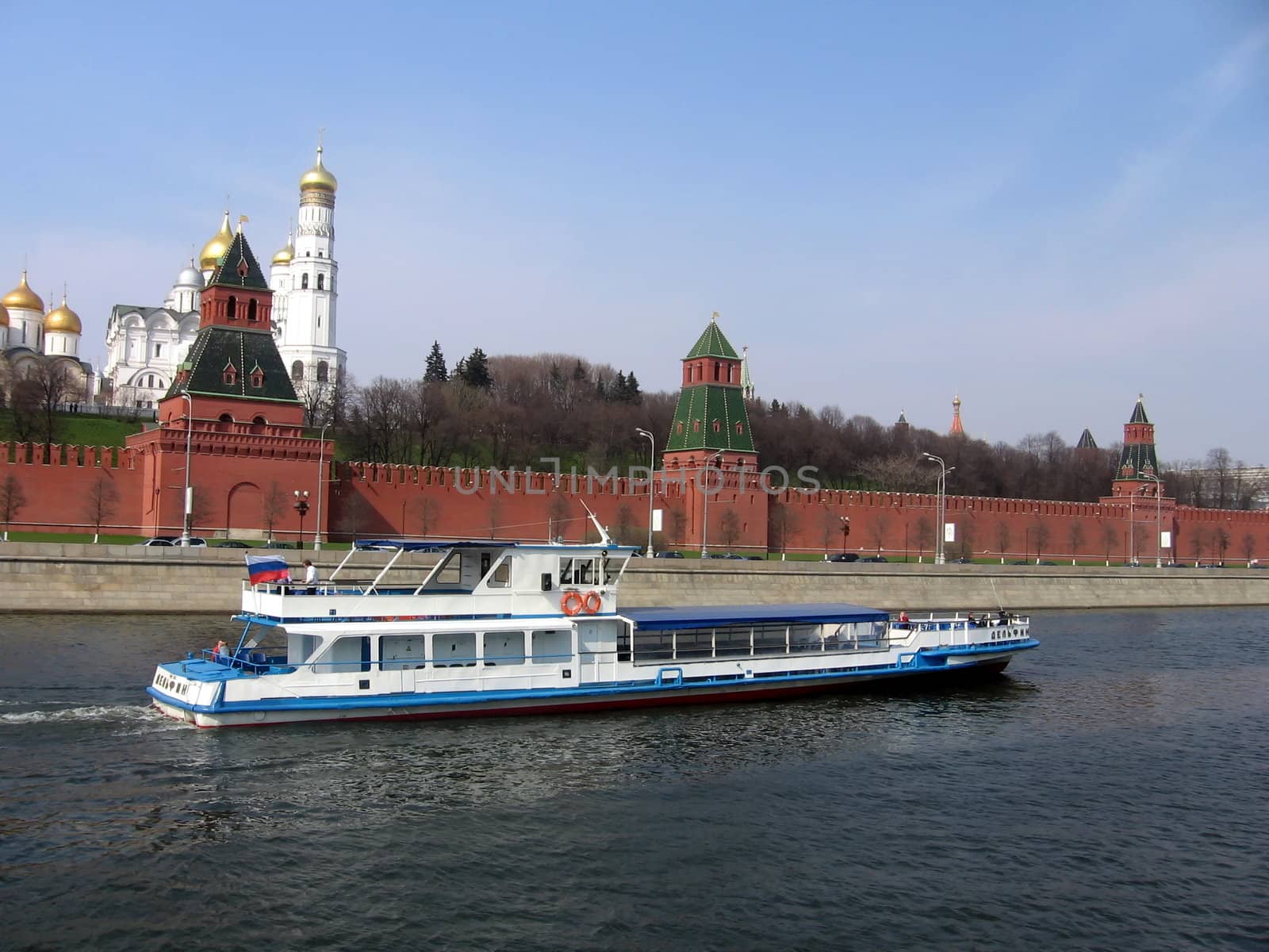 White steamboat at Moscow river on a background of blue sky