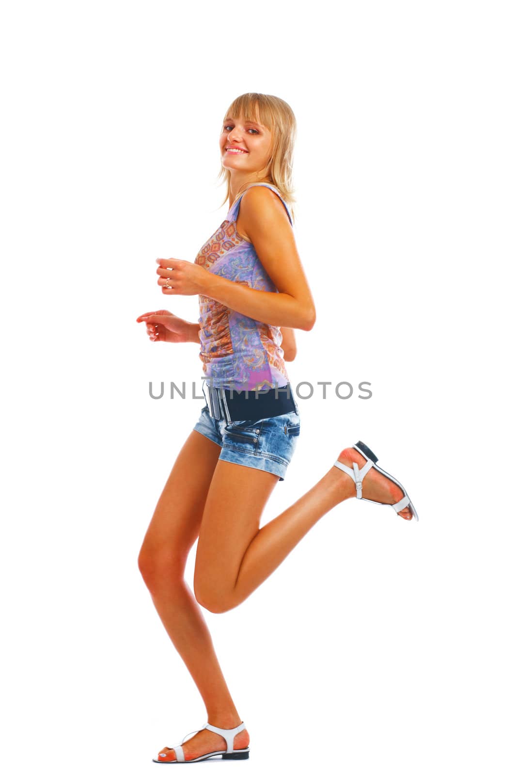 Slim and beauty caucasian running woman isolated on white background