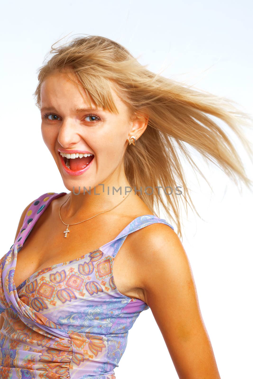 Shouting blond woman with hair flying on white background