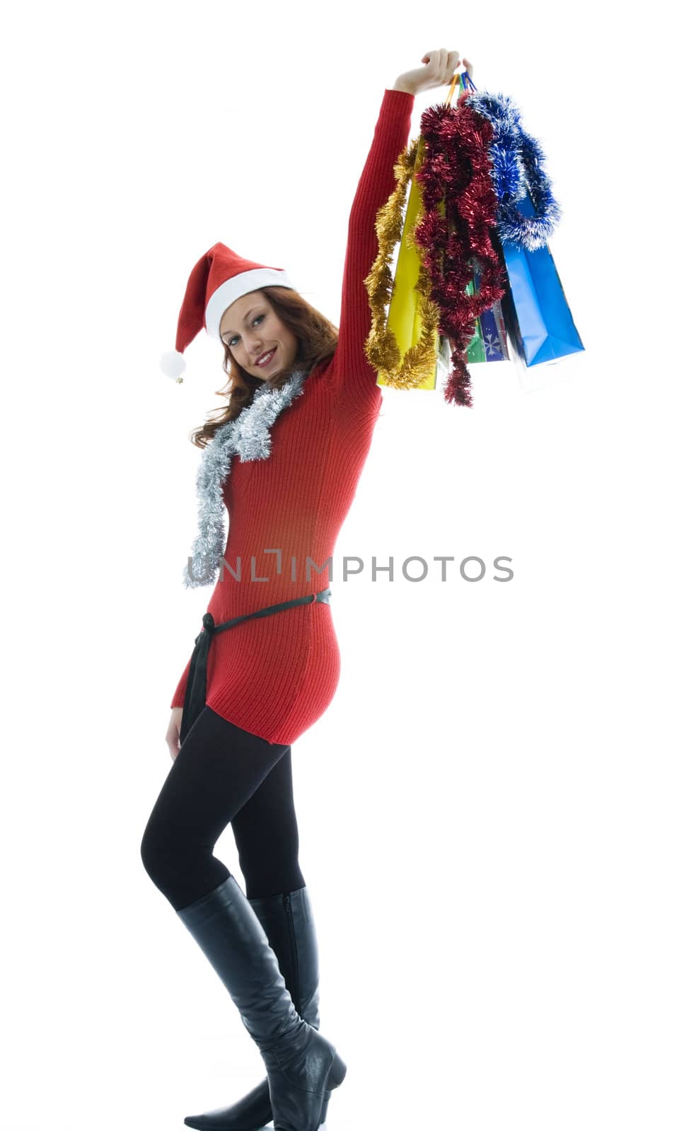Beautiful woman with gift on white background