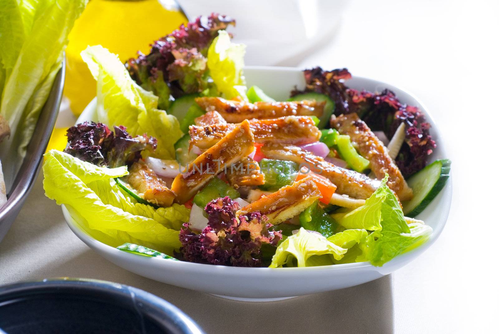 fresh colorfull sesame chicken salad close up