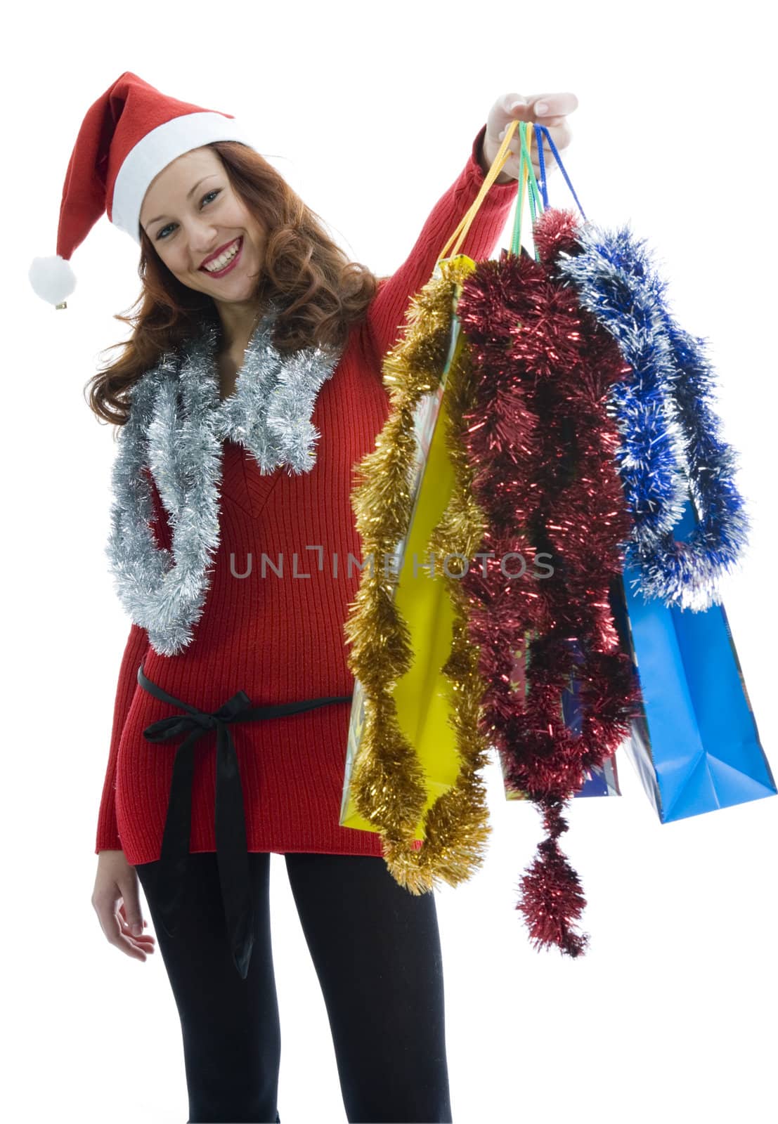 Beautiful woman with gift on white background