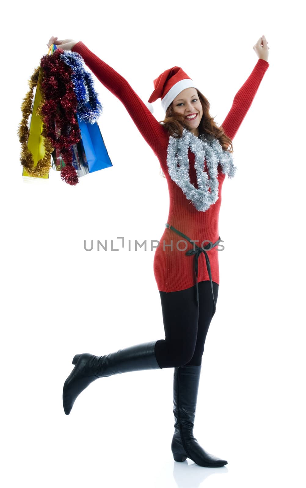 Beautiful woman with gift on white background