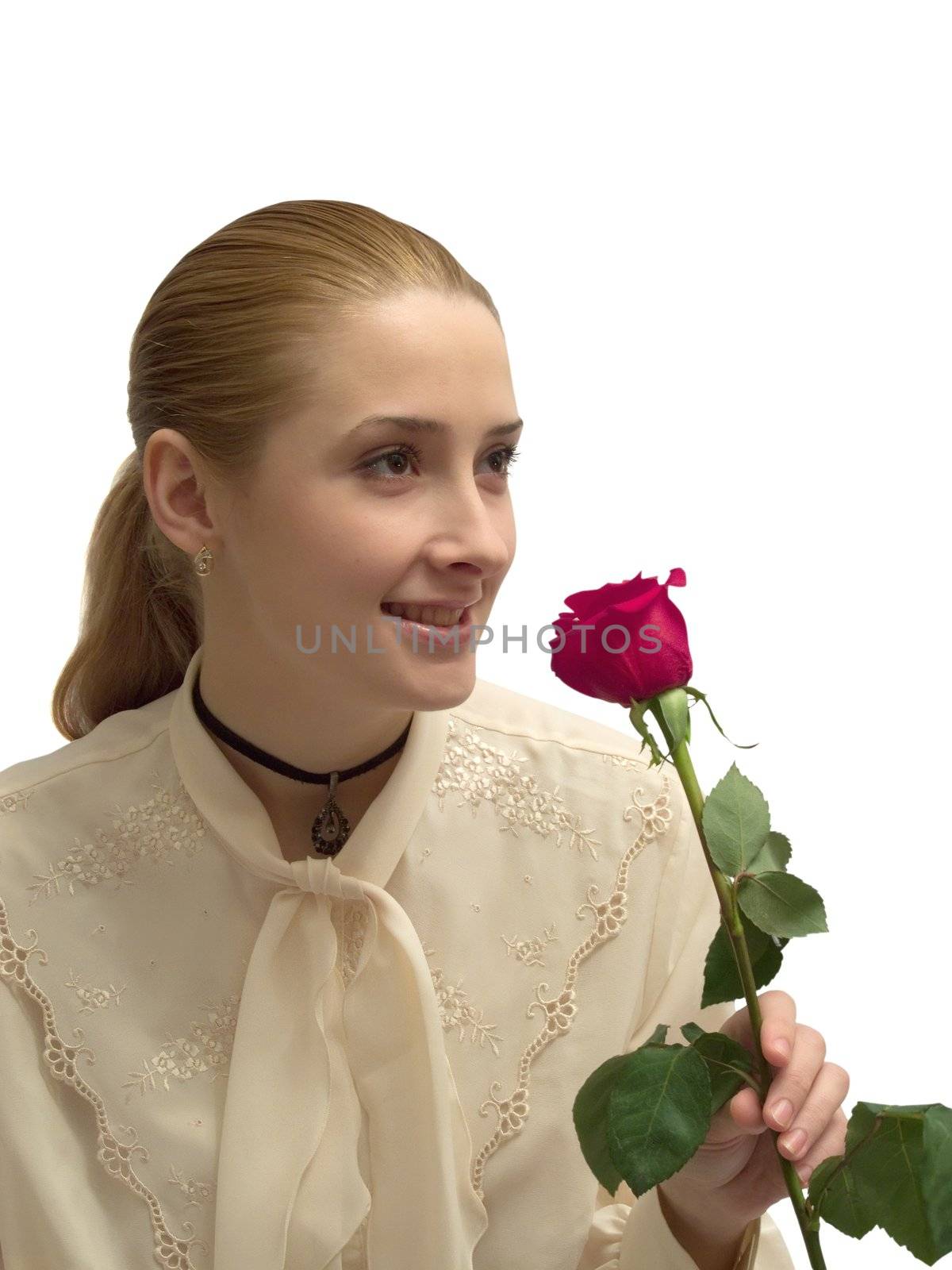 beauty Girl with red rose on white. Isolated