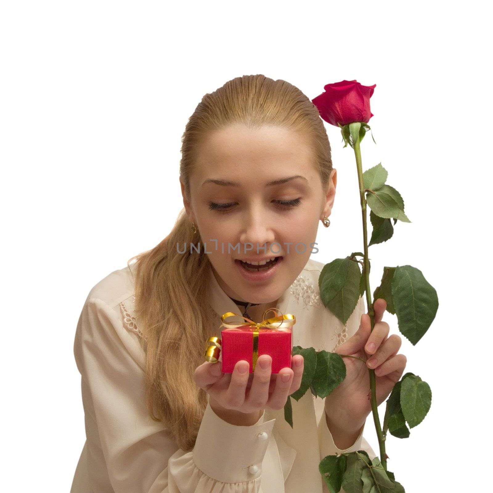 beauty Girl with red rose on white. Isolated