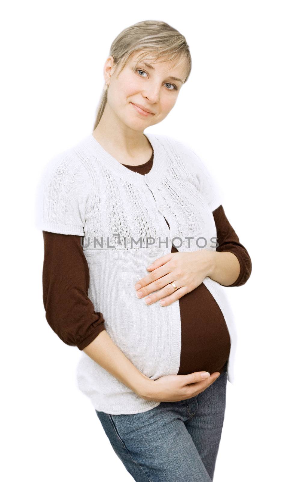 Pregnant woman isolated over white, last trimester