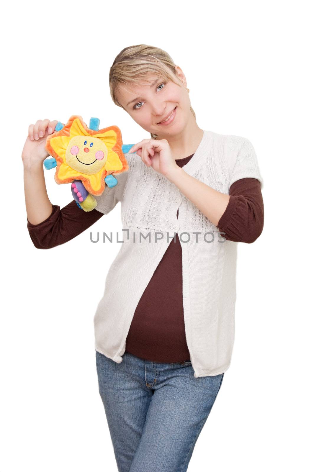 Smiling woman holding sunny toy over white