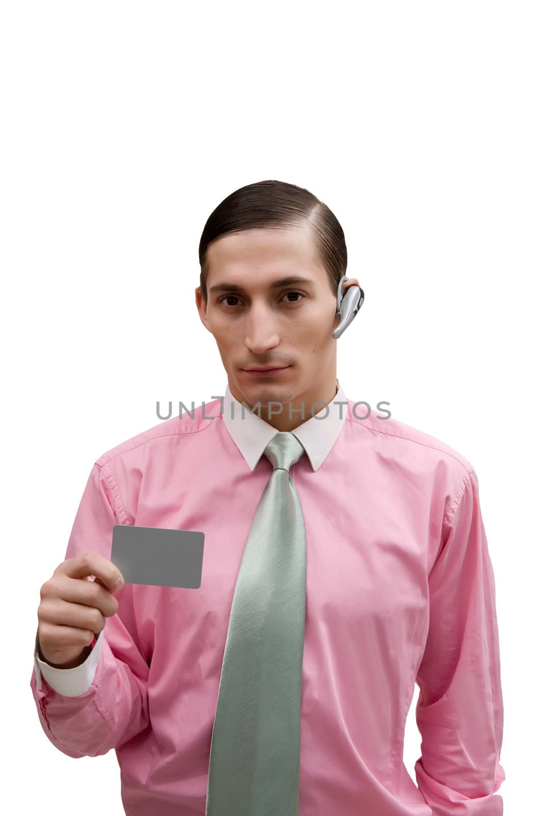 Young handsome  confident  businessman with grey card in hand on white background