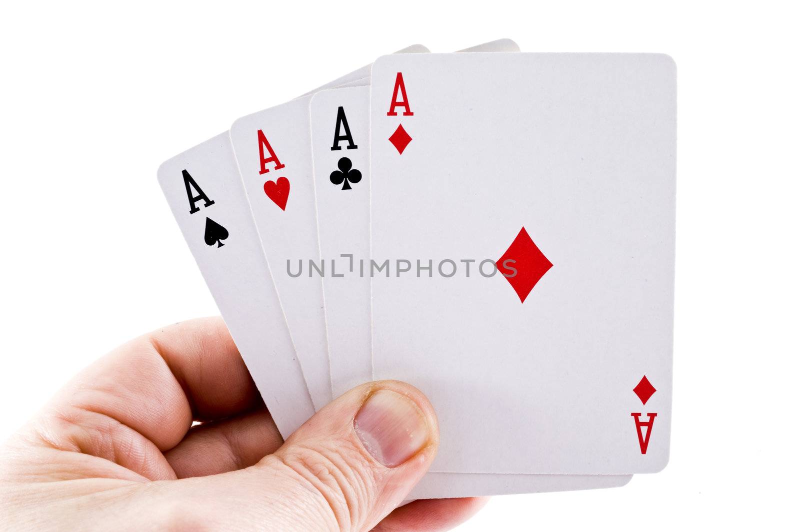 Mans  hand of five aces, on a white background.