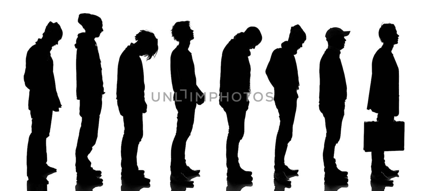 Silhouette of people waiting in line isolated on white background
