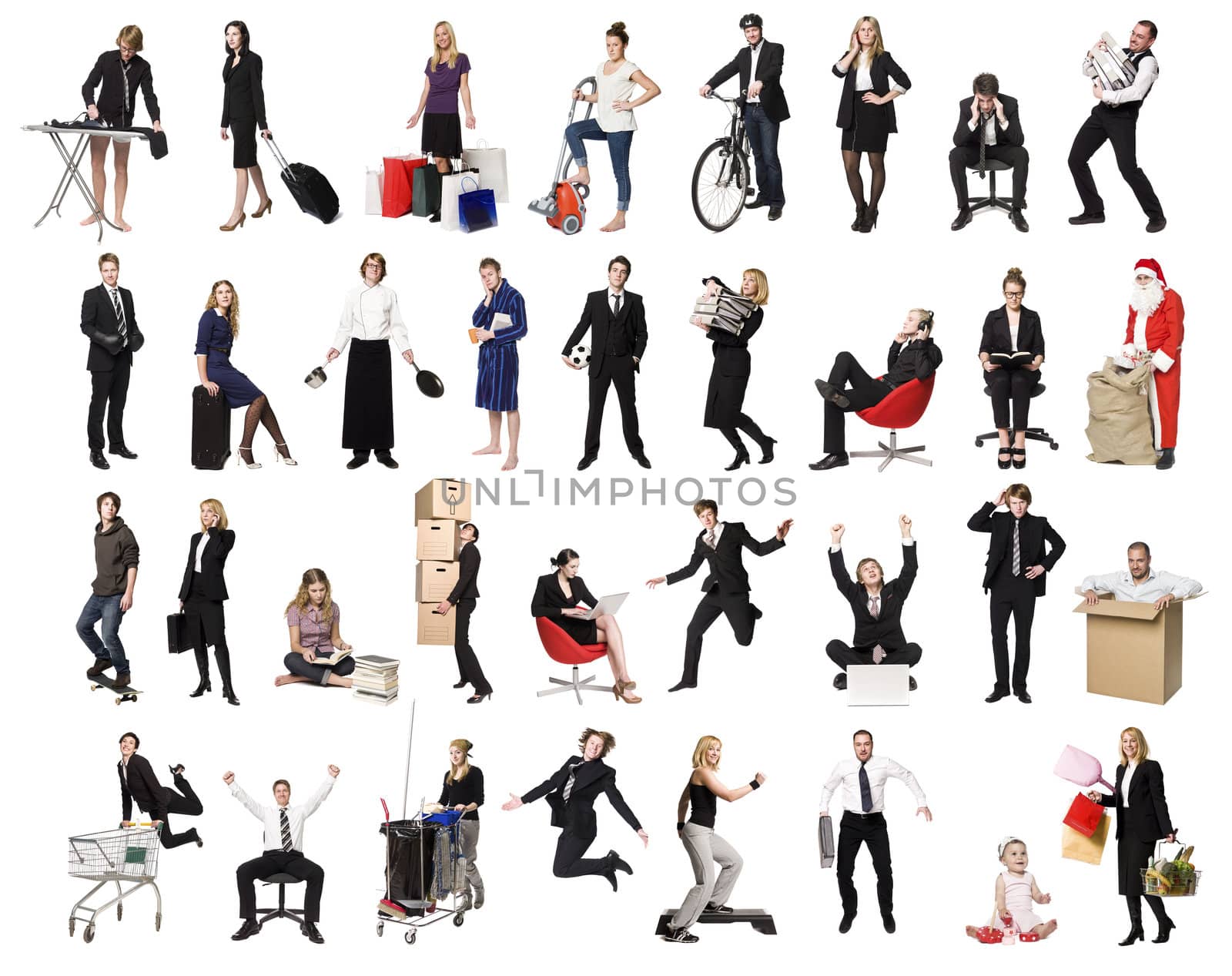 Collage of active people isolated on white background