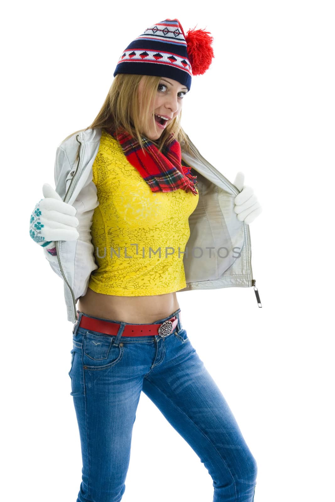 Beautiful blonde in yellow blouse on isolated background