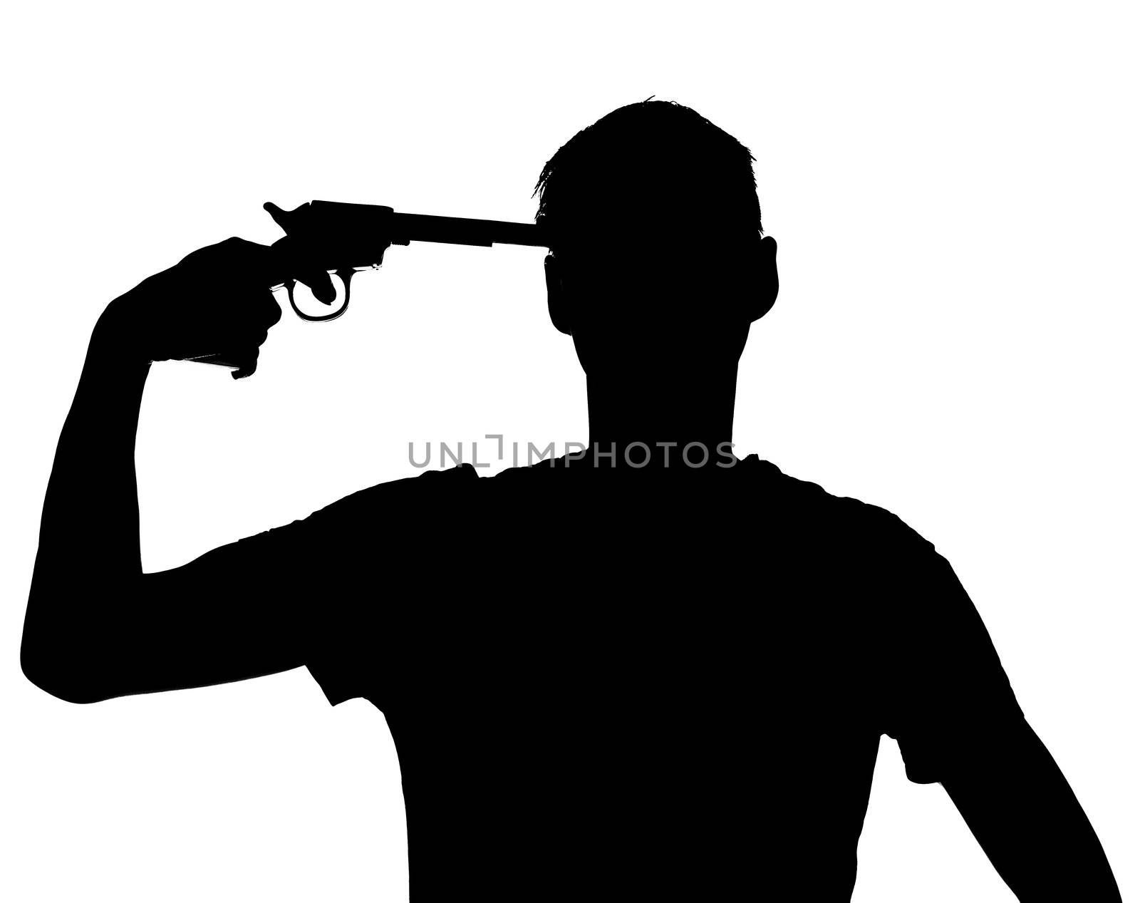 Silhouette of a man with a gun against his head