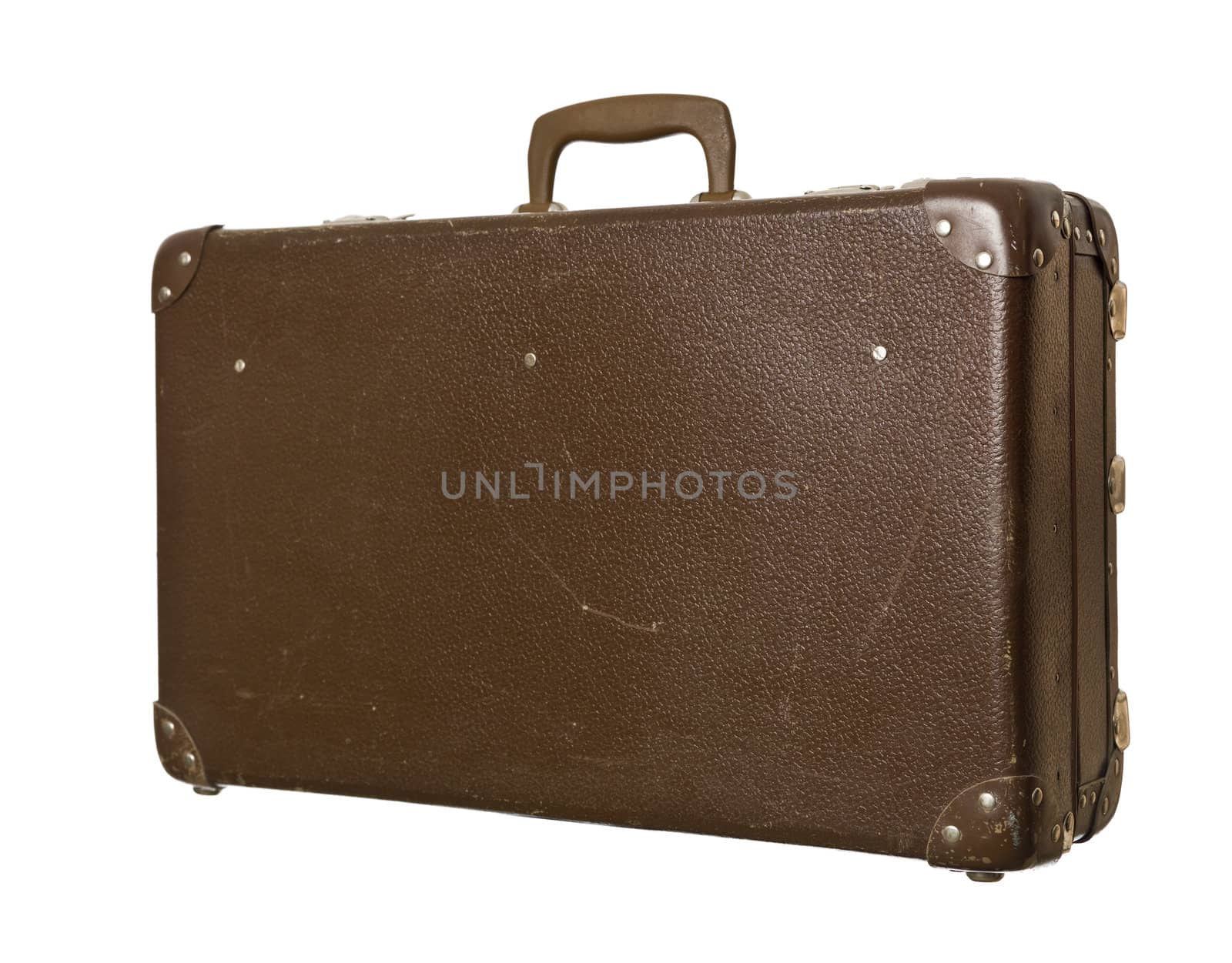 Worn down suitcase isolated on a white background