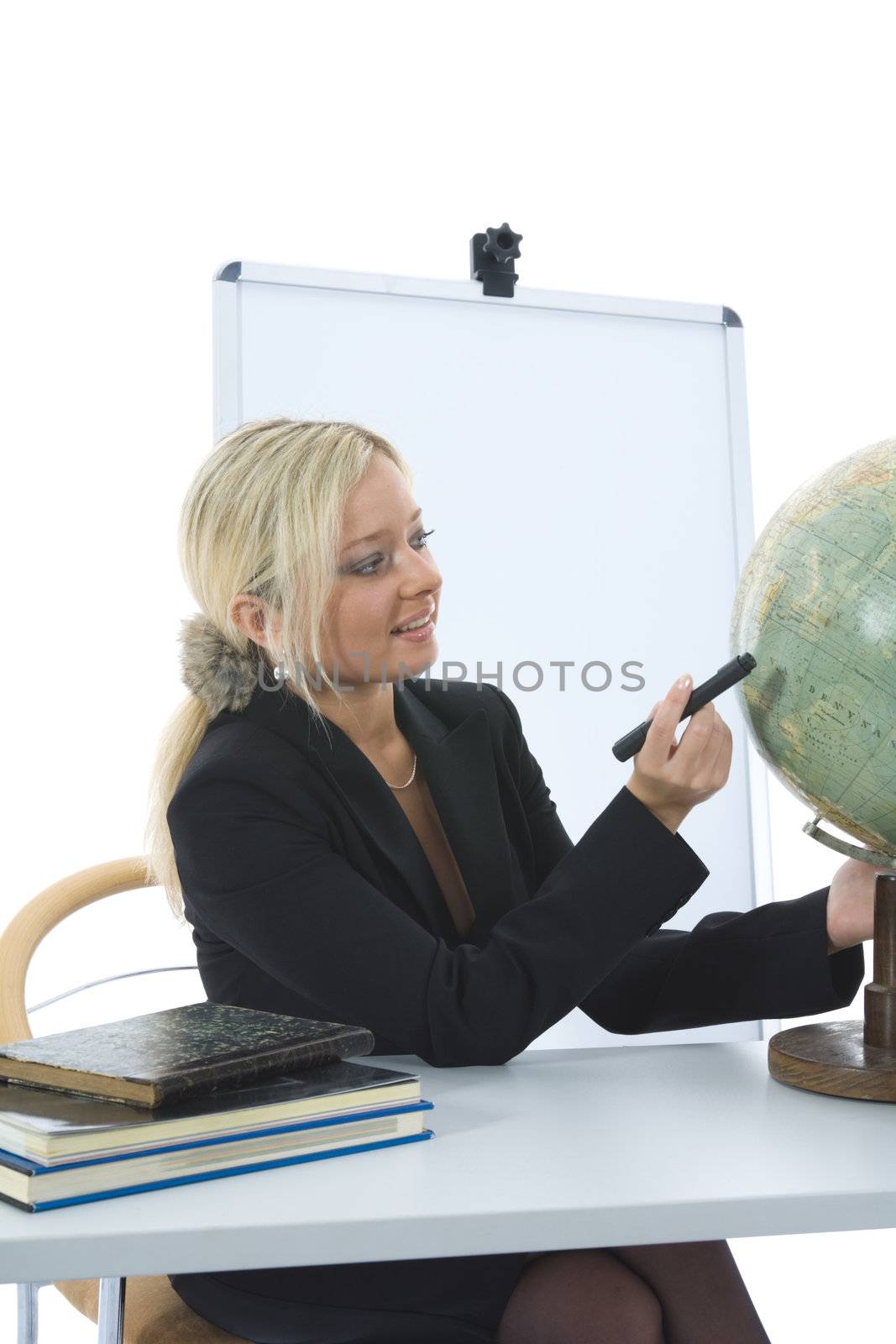 young teacher will teach geography on isolated background