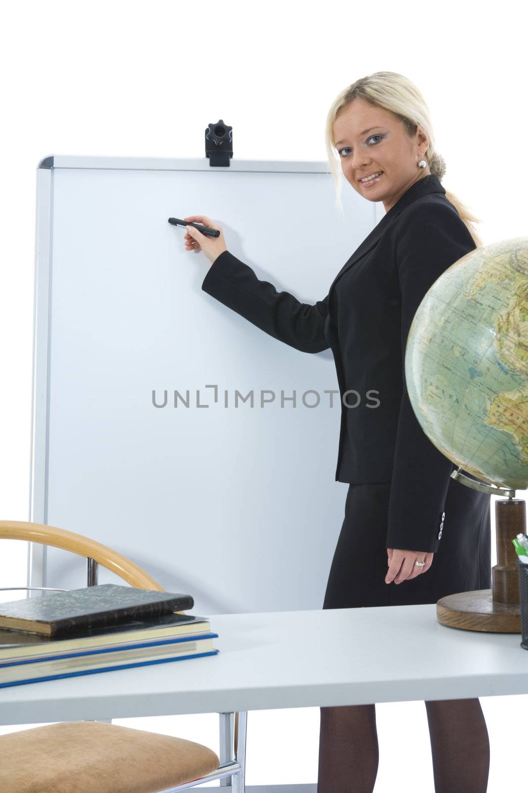 young teacher will teach geography on isolated background