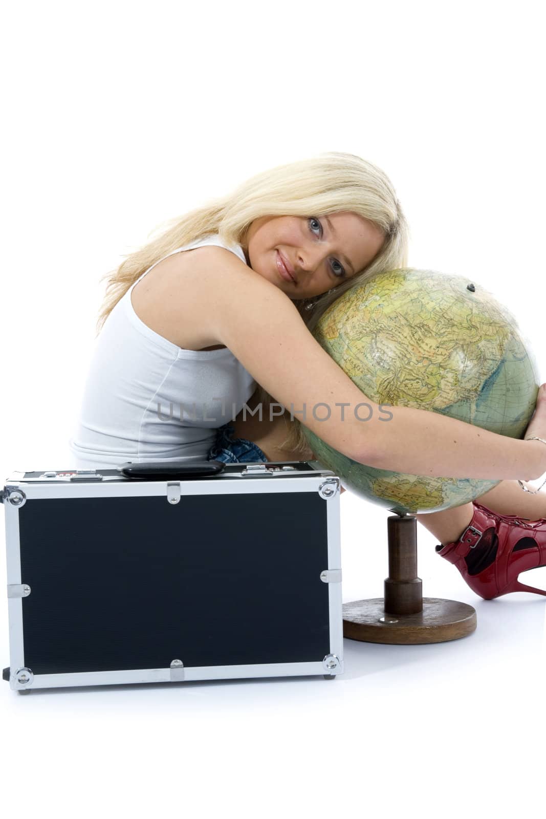 Beautiful blonde with valise and globe by izi1947