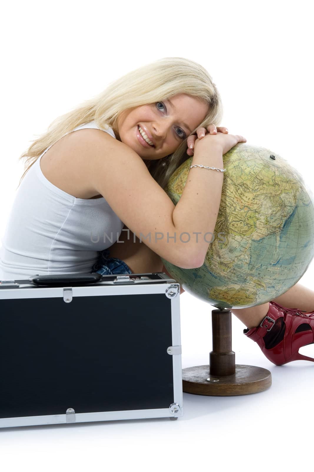 Beautiful blonde with valise and globe by izi1947