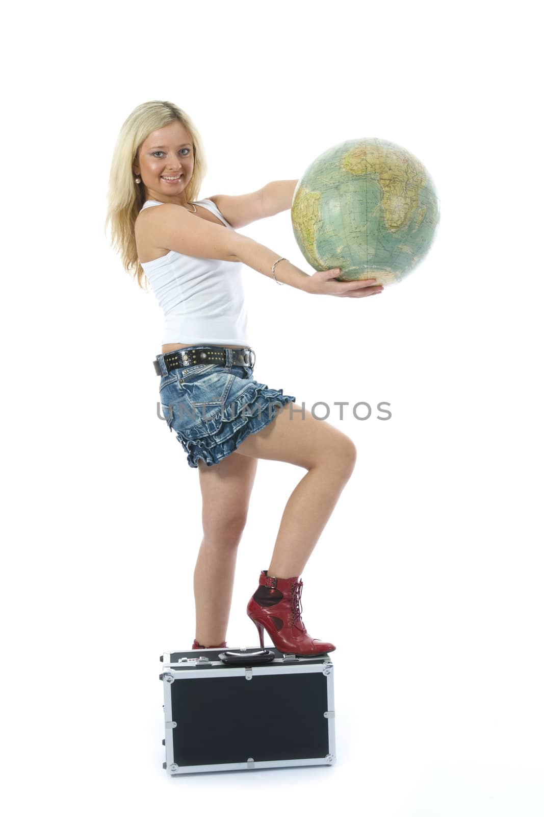 Beautiful blonde with valise and globe by izi1947