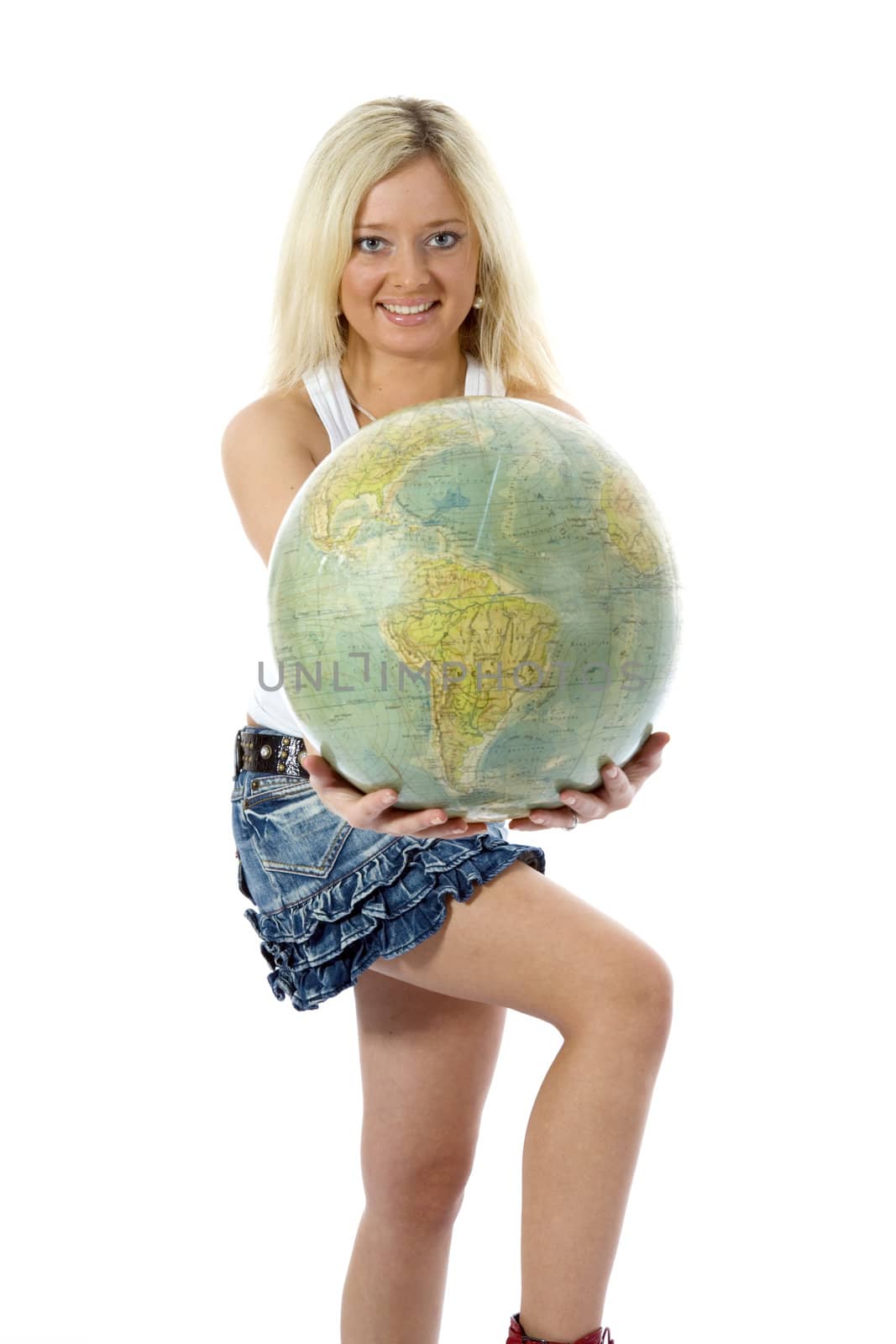 Beautiful blonde with  globe on isolated background