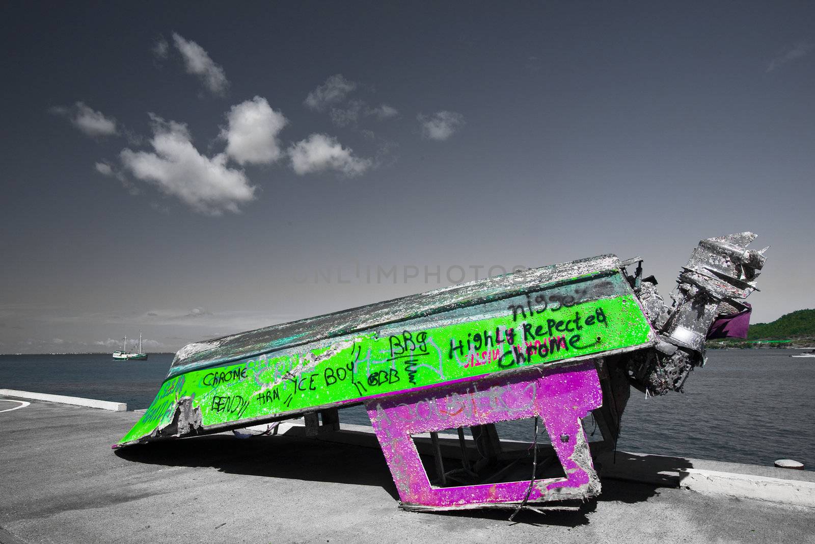 Broken boat, colored at quay in St Martin - West indies 2009