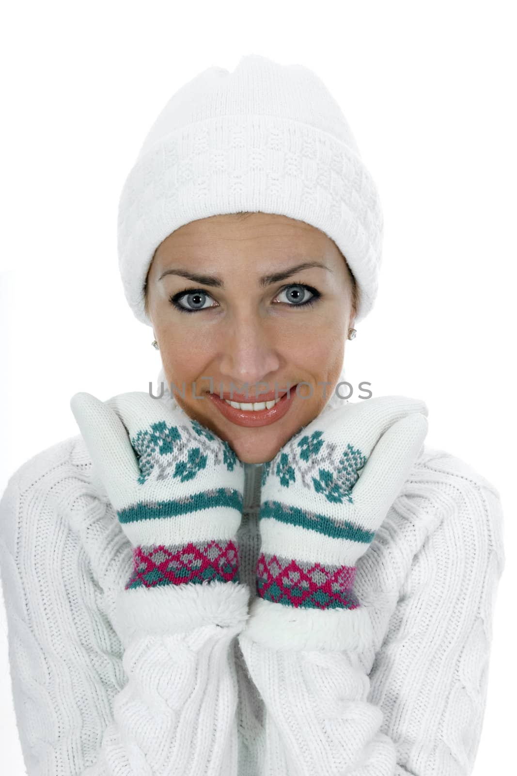 beautiful woman in white sweater on insulated background