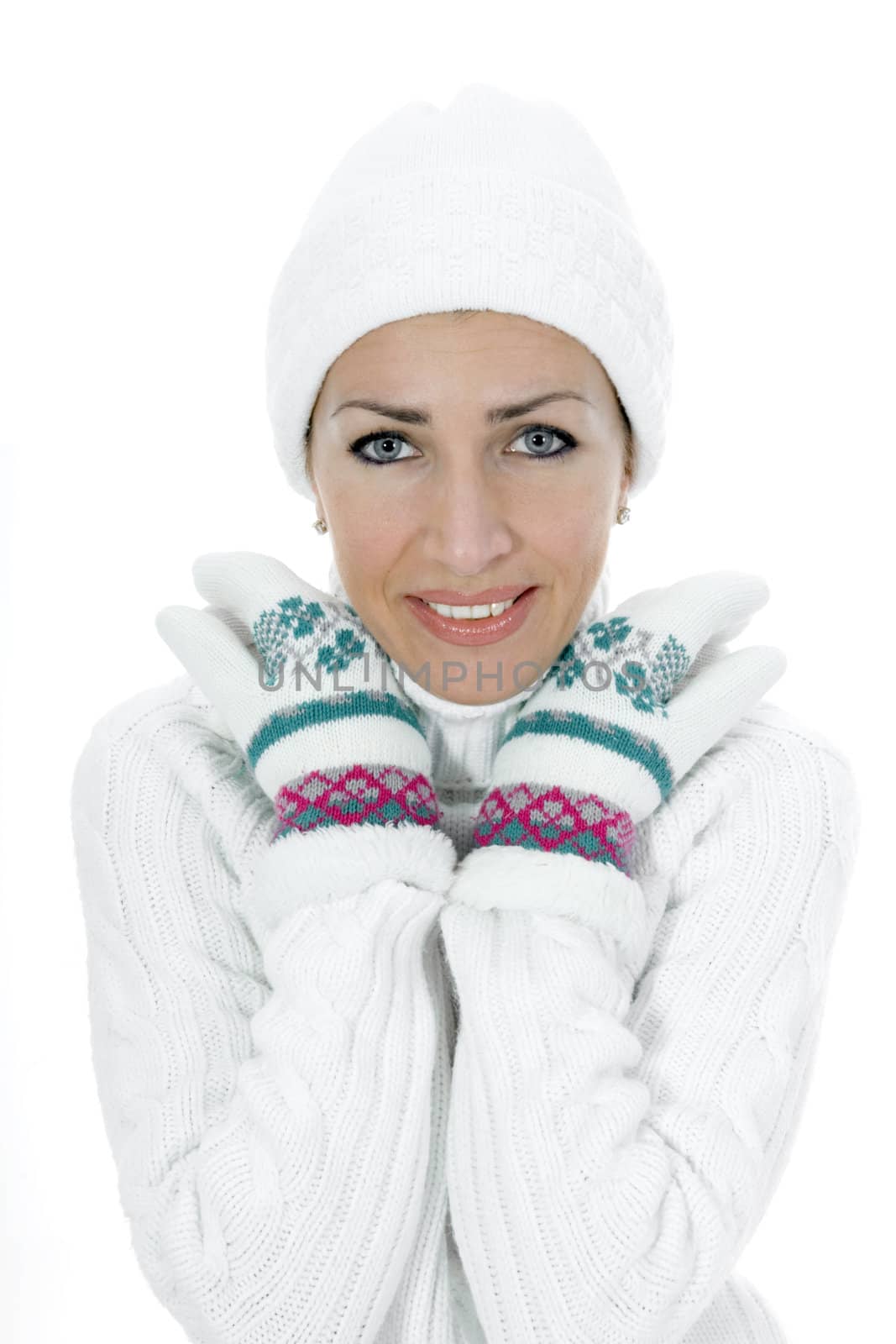 beautiful woman in white sweater on insulated background