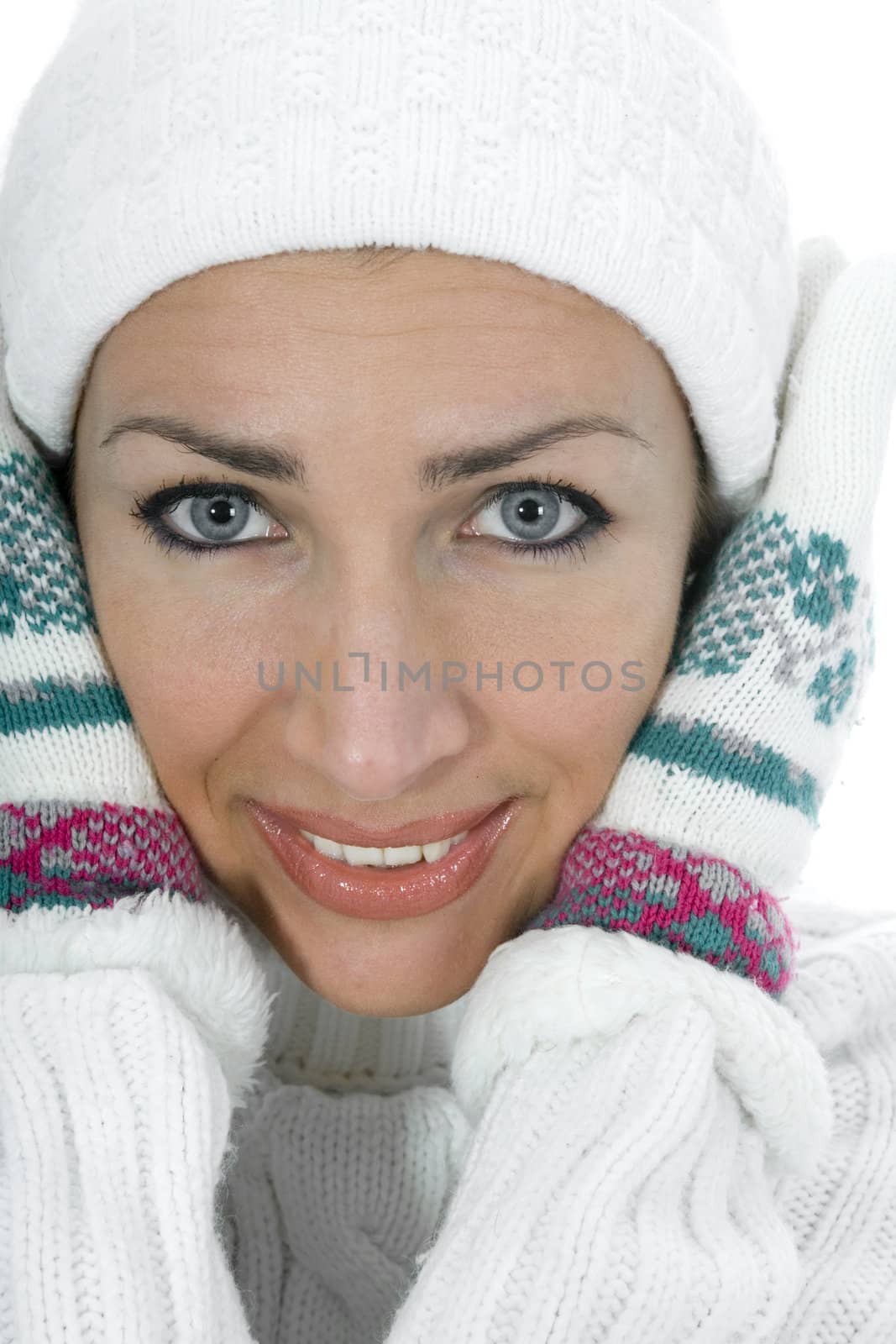 beautiful woman in white sweater on insulated background