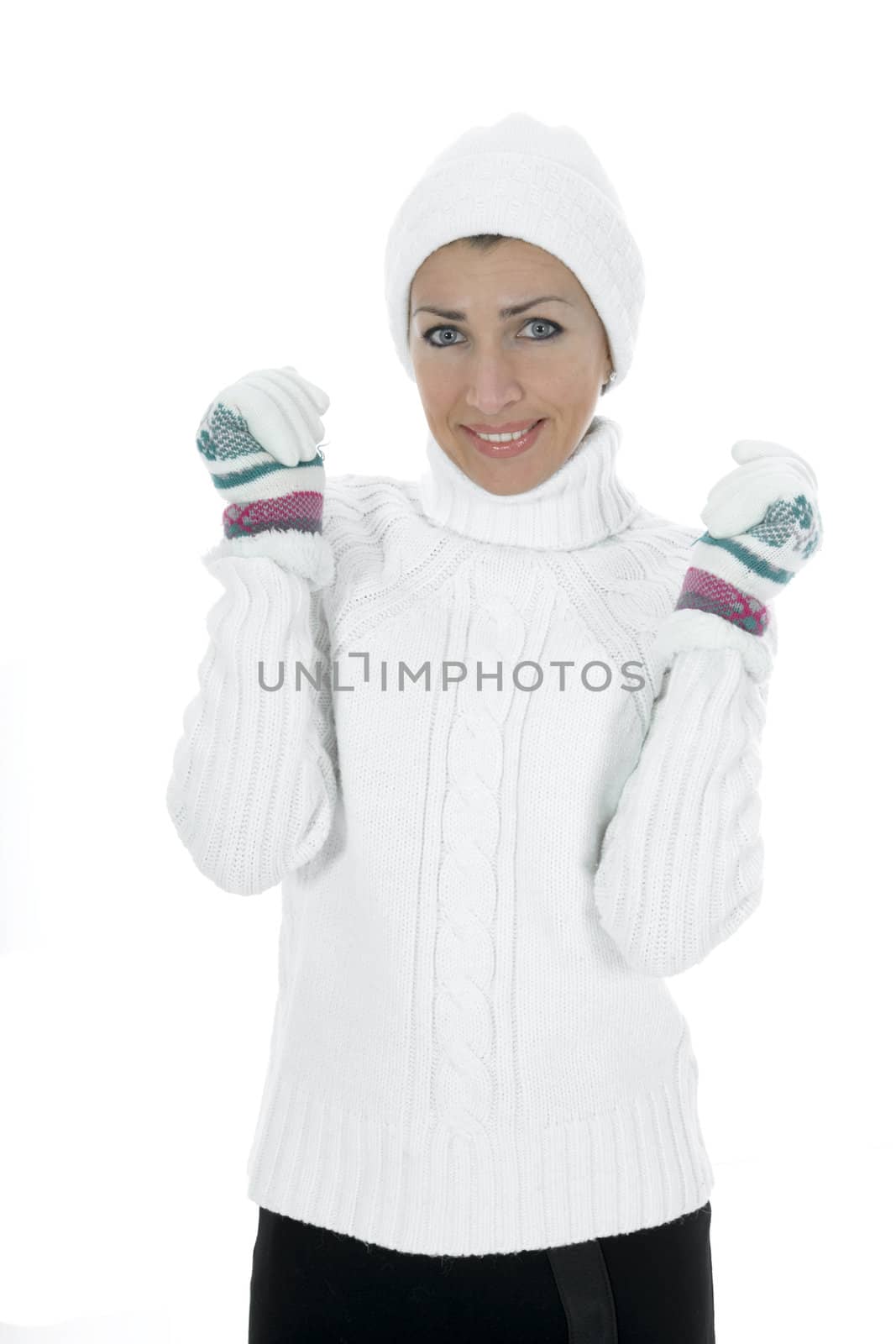 beautiful woman in white sweater on insulated background