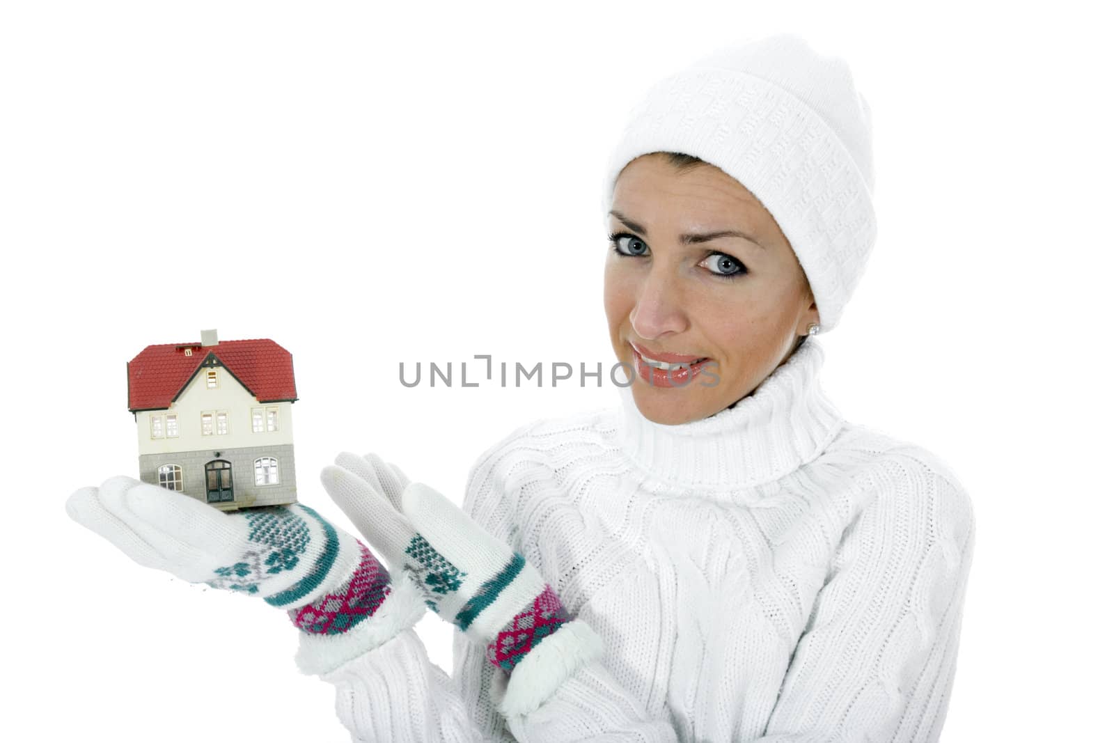 Business woman advertises real estate on isolated background