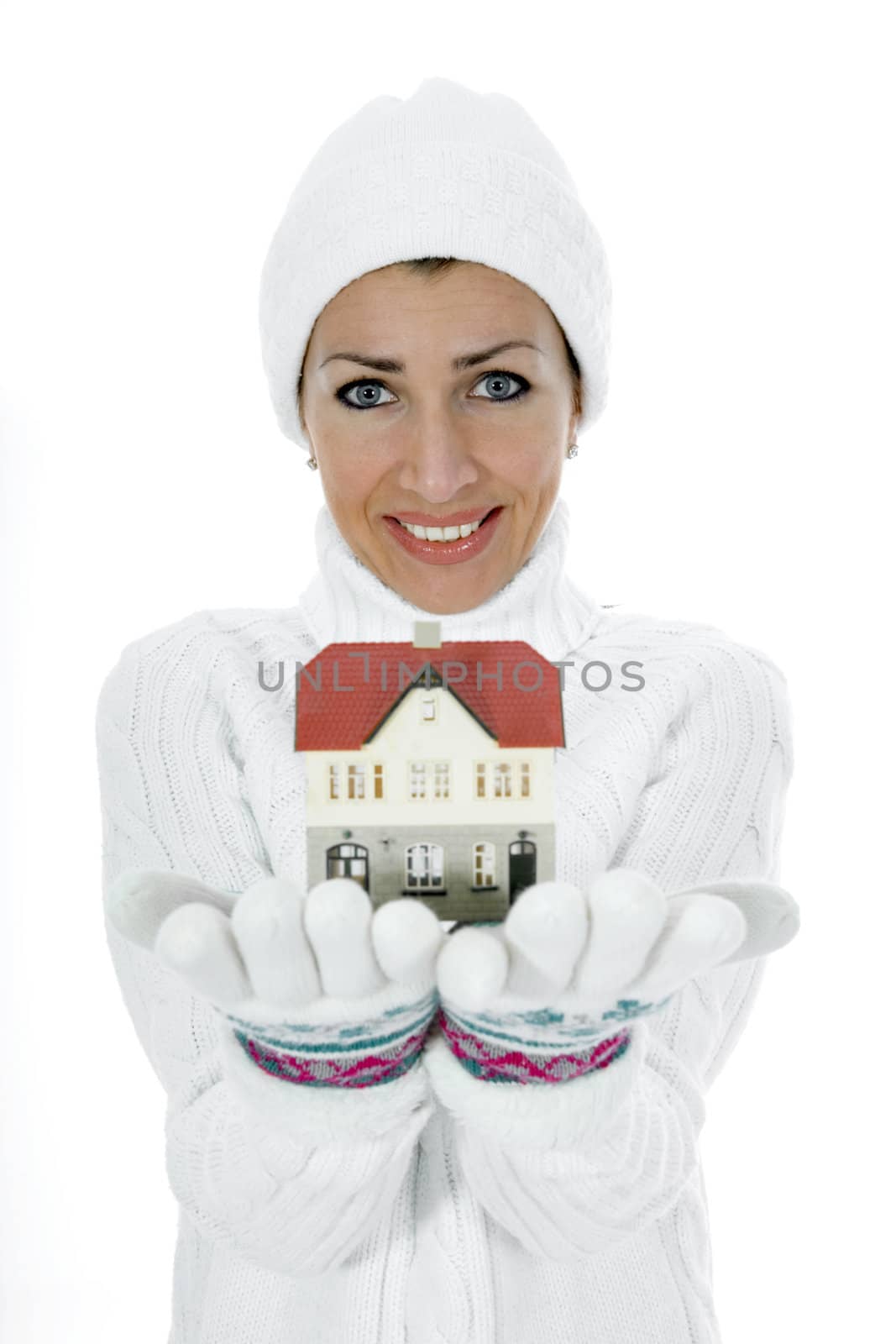 Business woman advertises real estate on isolated background
