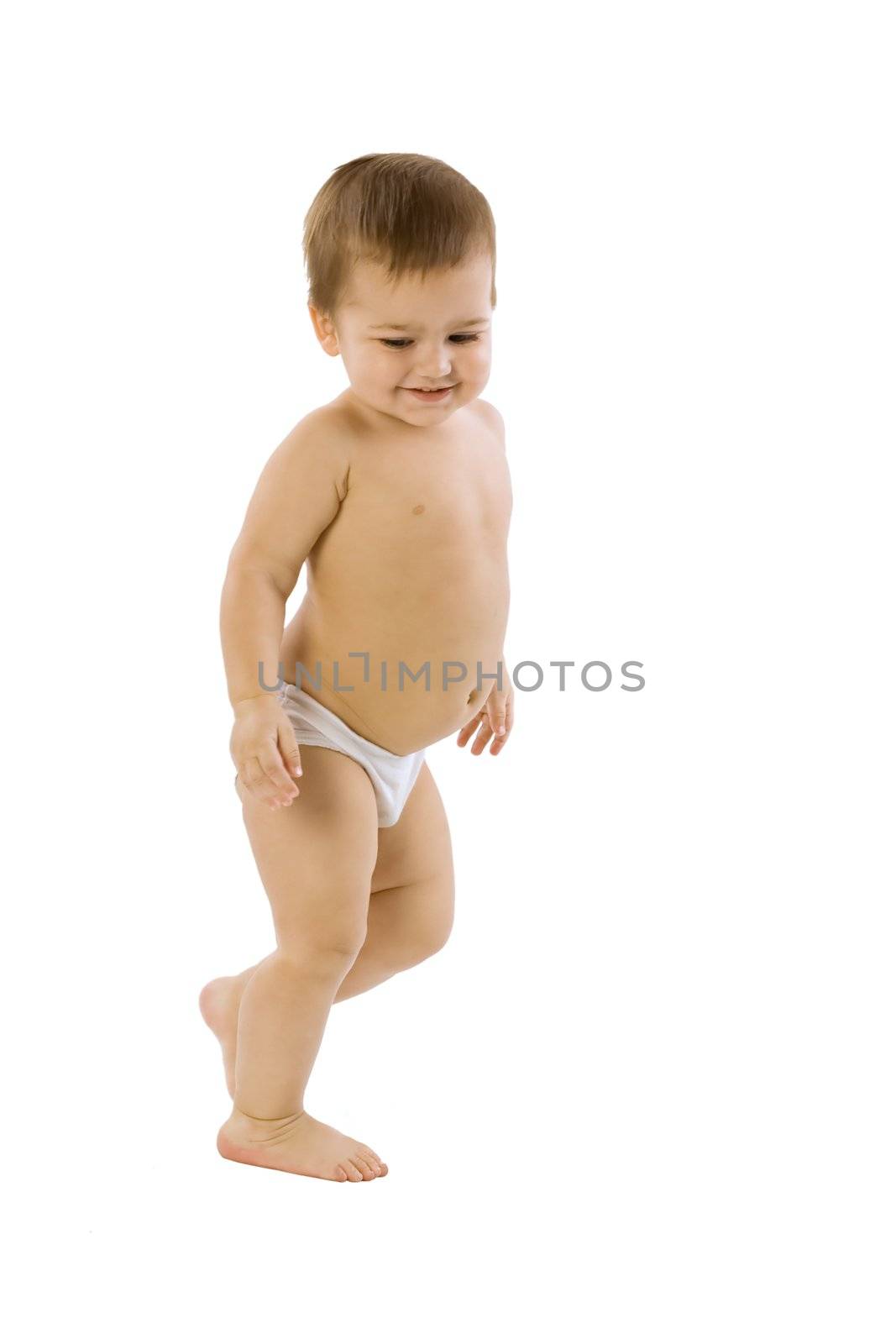 An isolated photo of a running joyful child