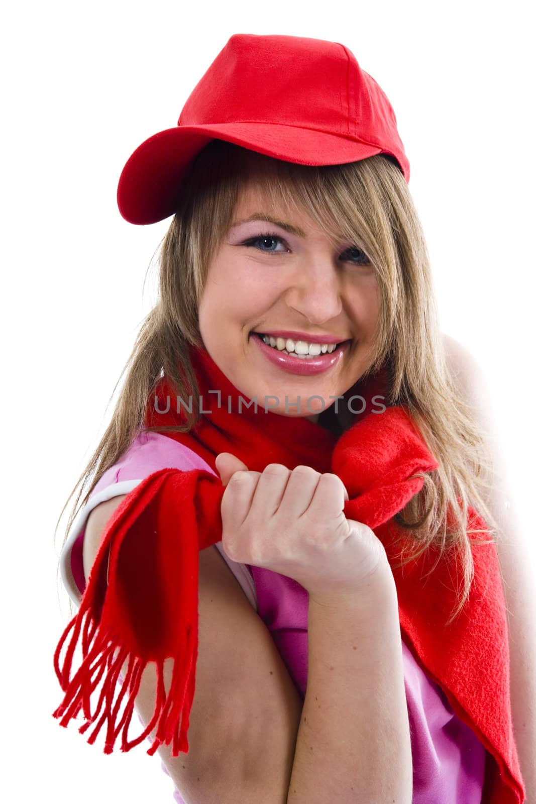 Beautiful  young woman in red cap on isolated background