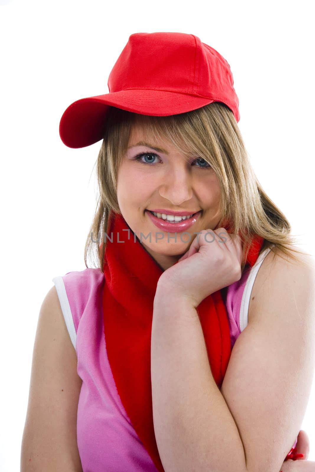 Beautiful  young woman in red cap on isolated background
