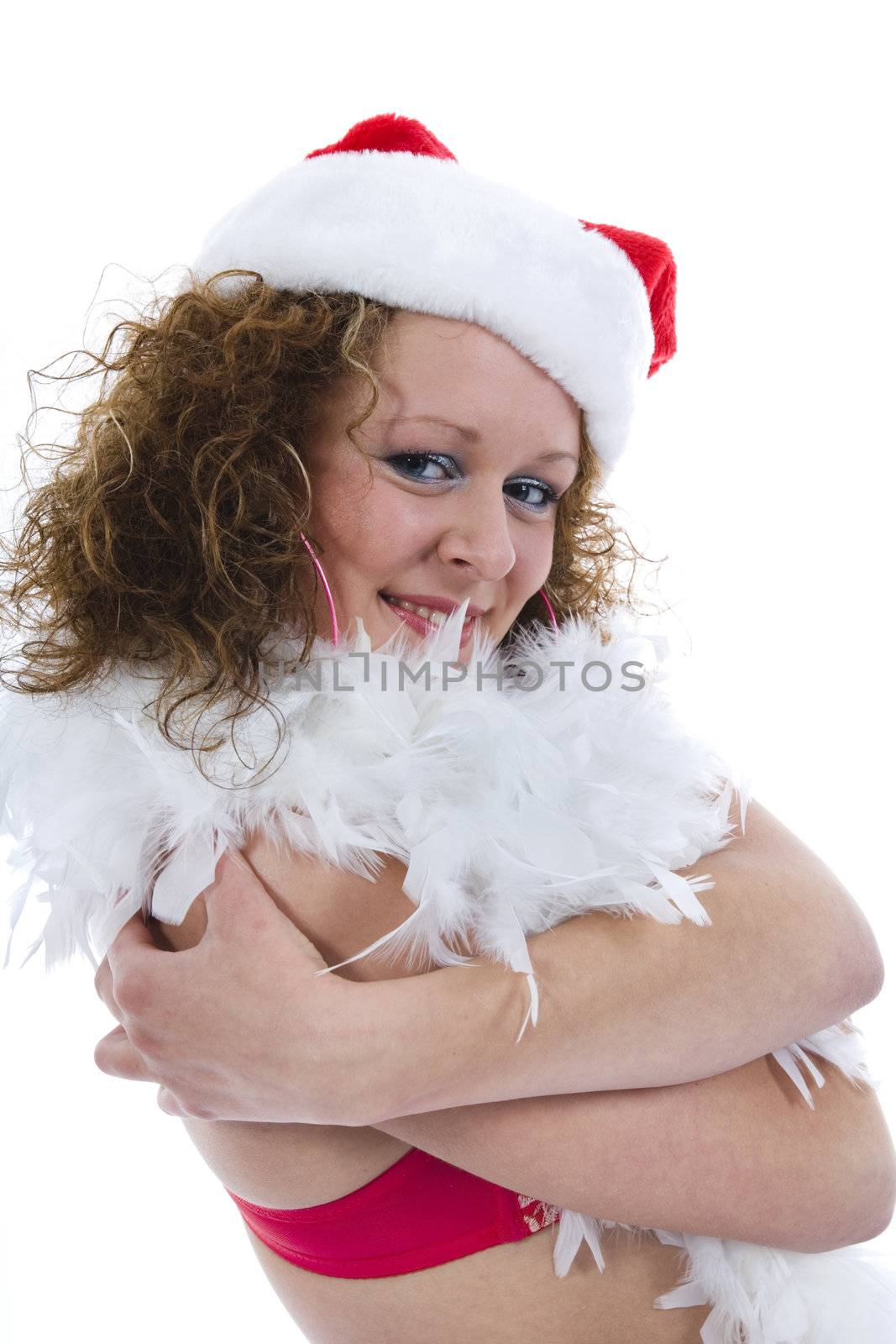 Attractive woman in Santa Cap on isolated background
