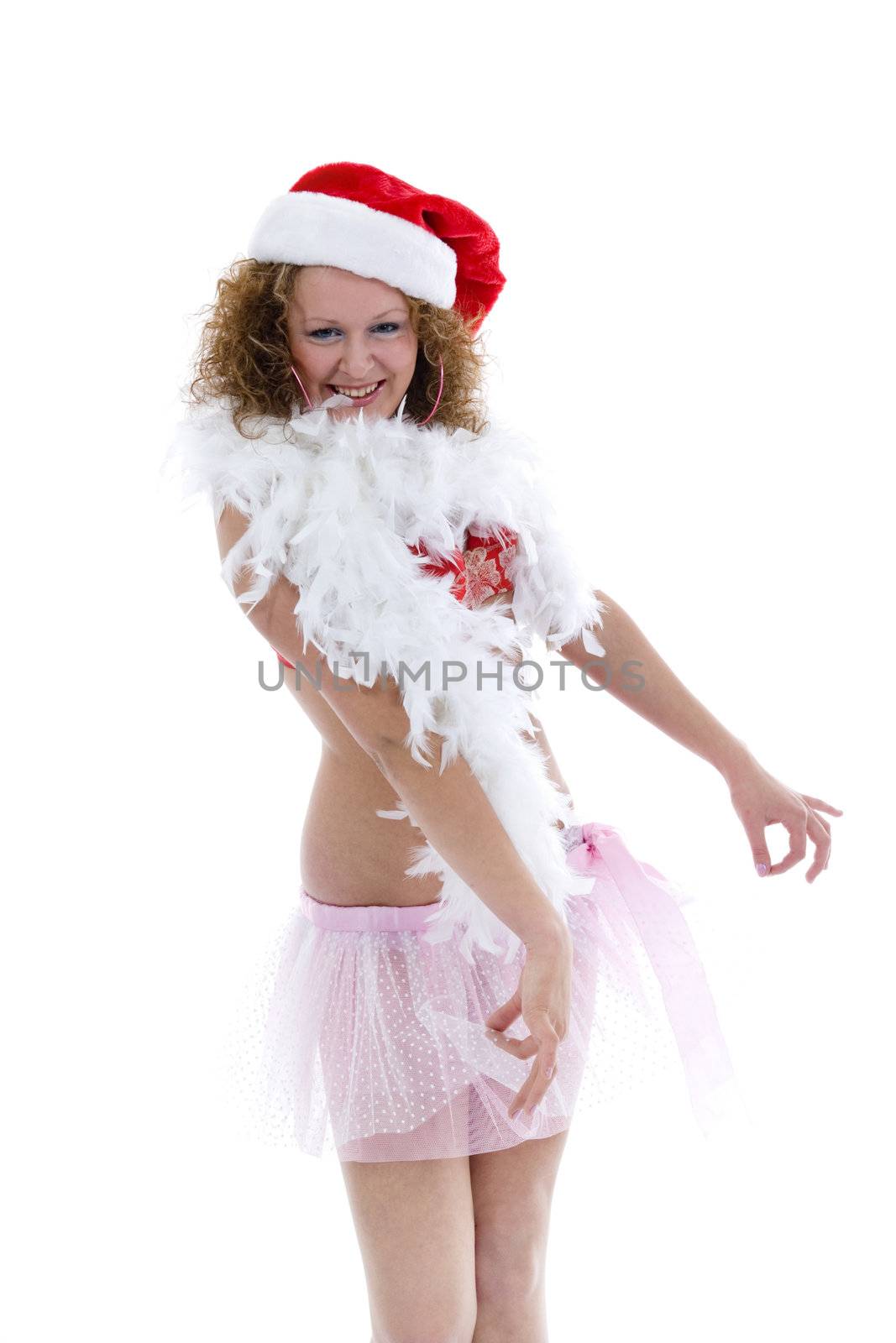 Attractive woman in Santa Cap on isolated background
