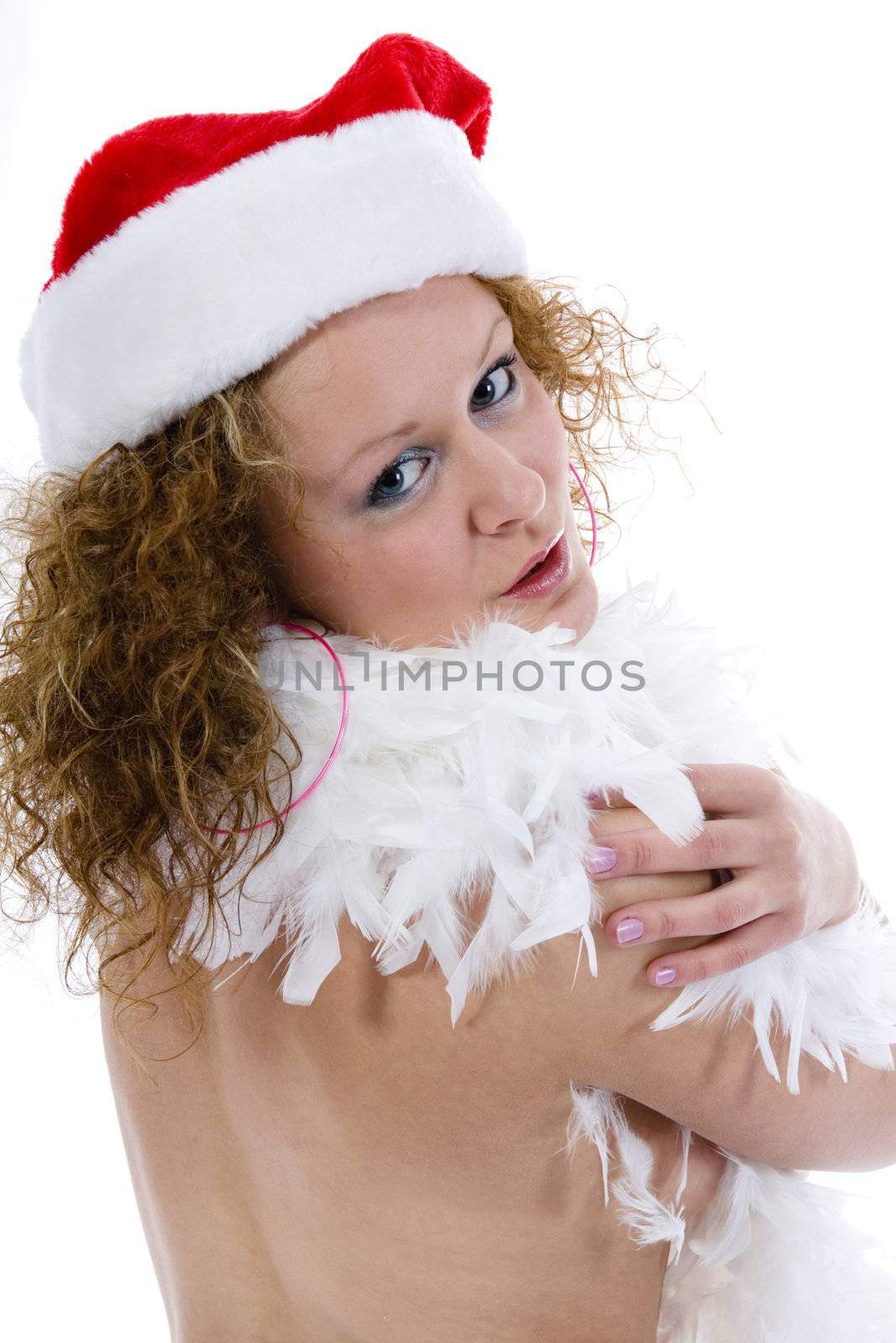 Attractive woman in Santa Cap on isolated background
