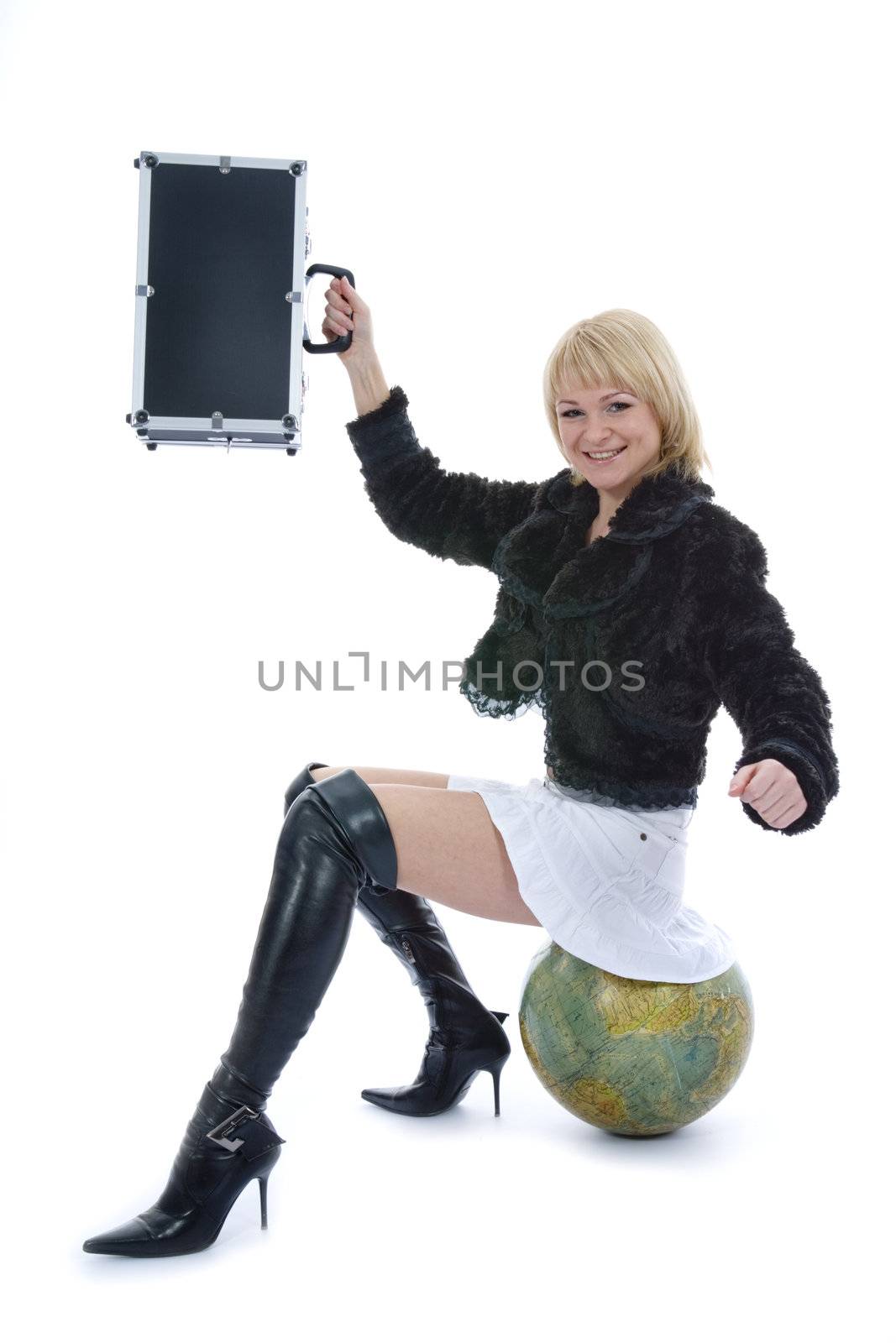 Beautiful blonde with valise and globe on isolated background