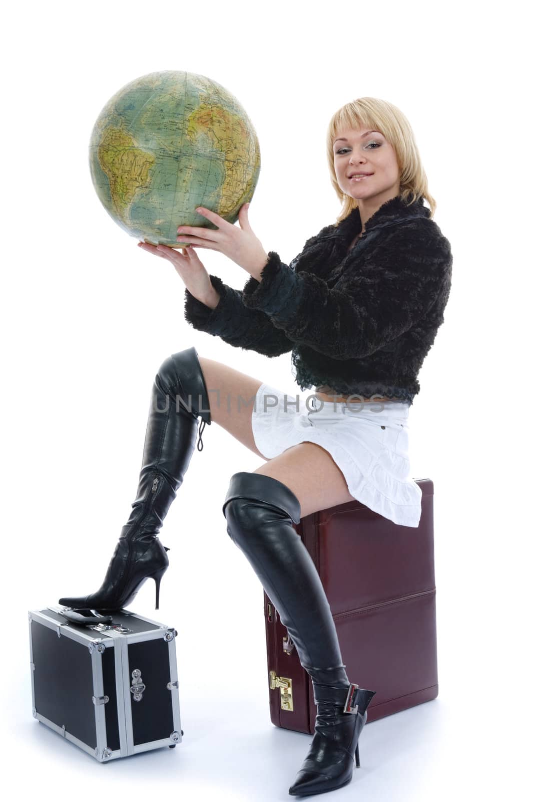 Beautiful blonde with valise and globe by izi1947