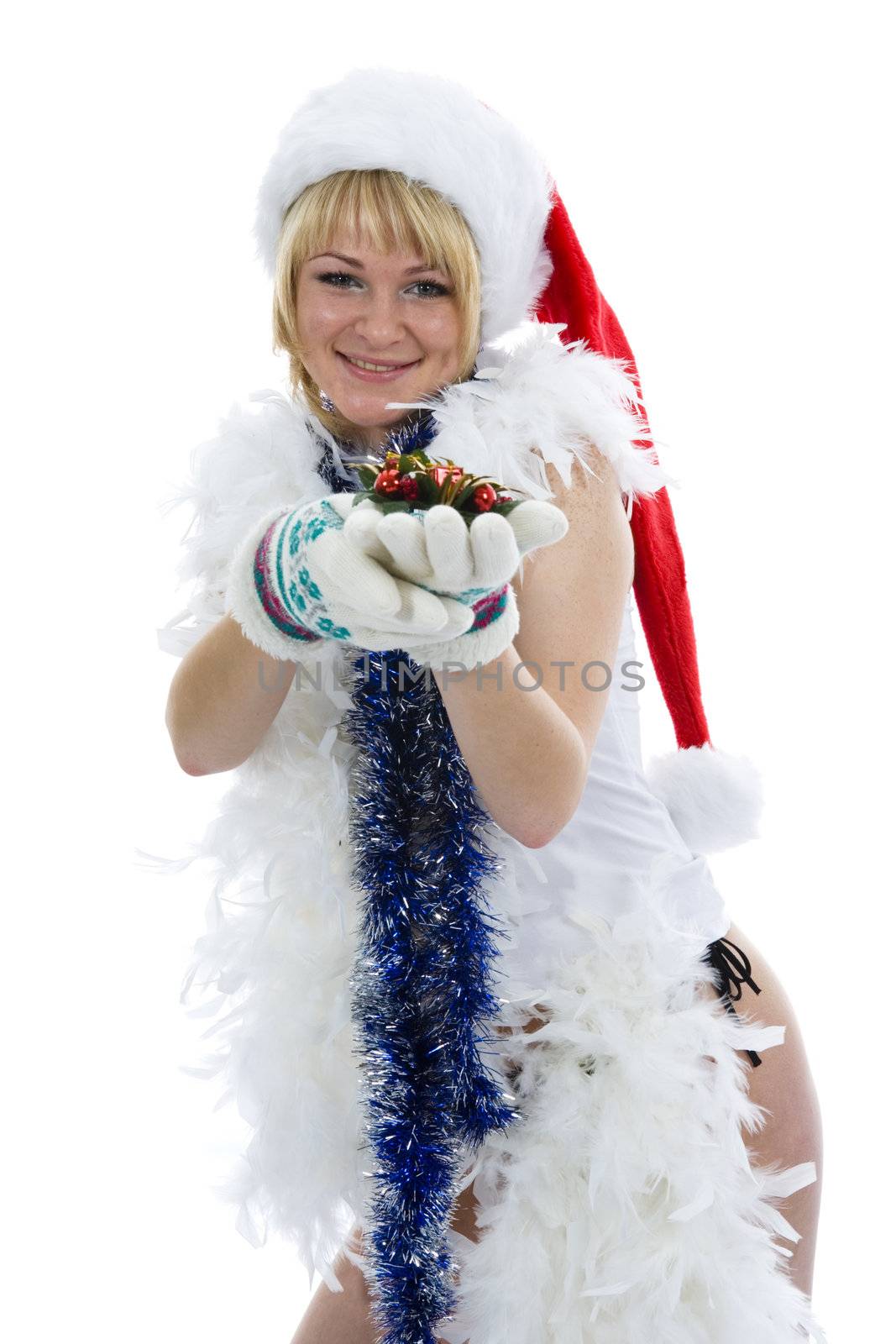 Attractive woman in Santa Cap on isolated background
