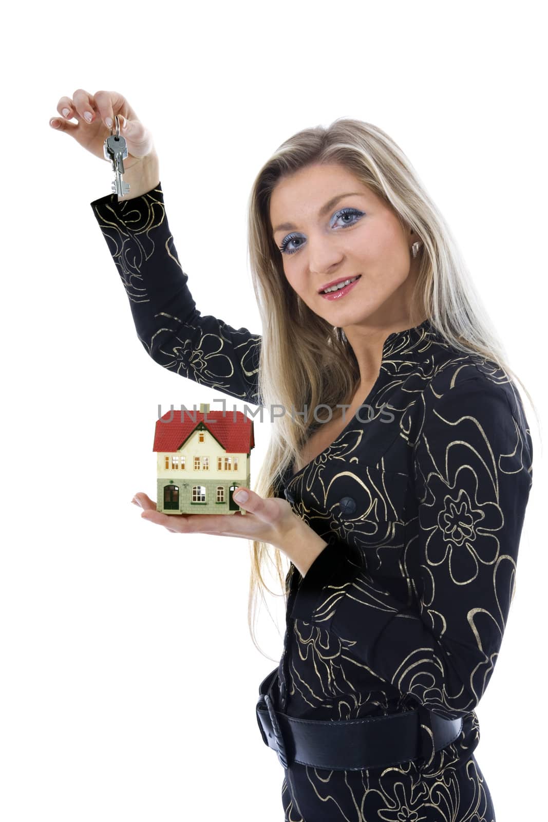 Business woman advertises real estate on isolated background
