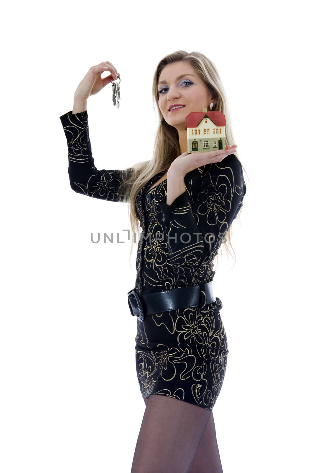 Business woman advertises real estate on isolated background