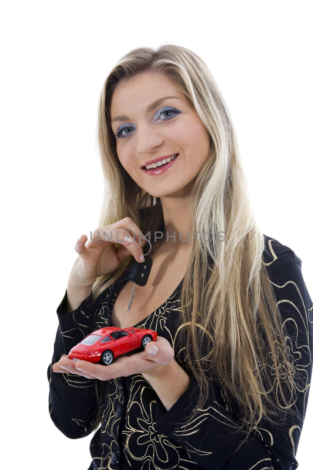 Business woman advertises selling the cars on isolated background