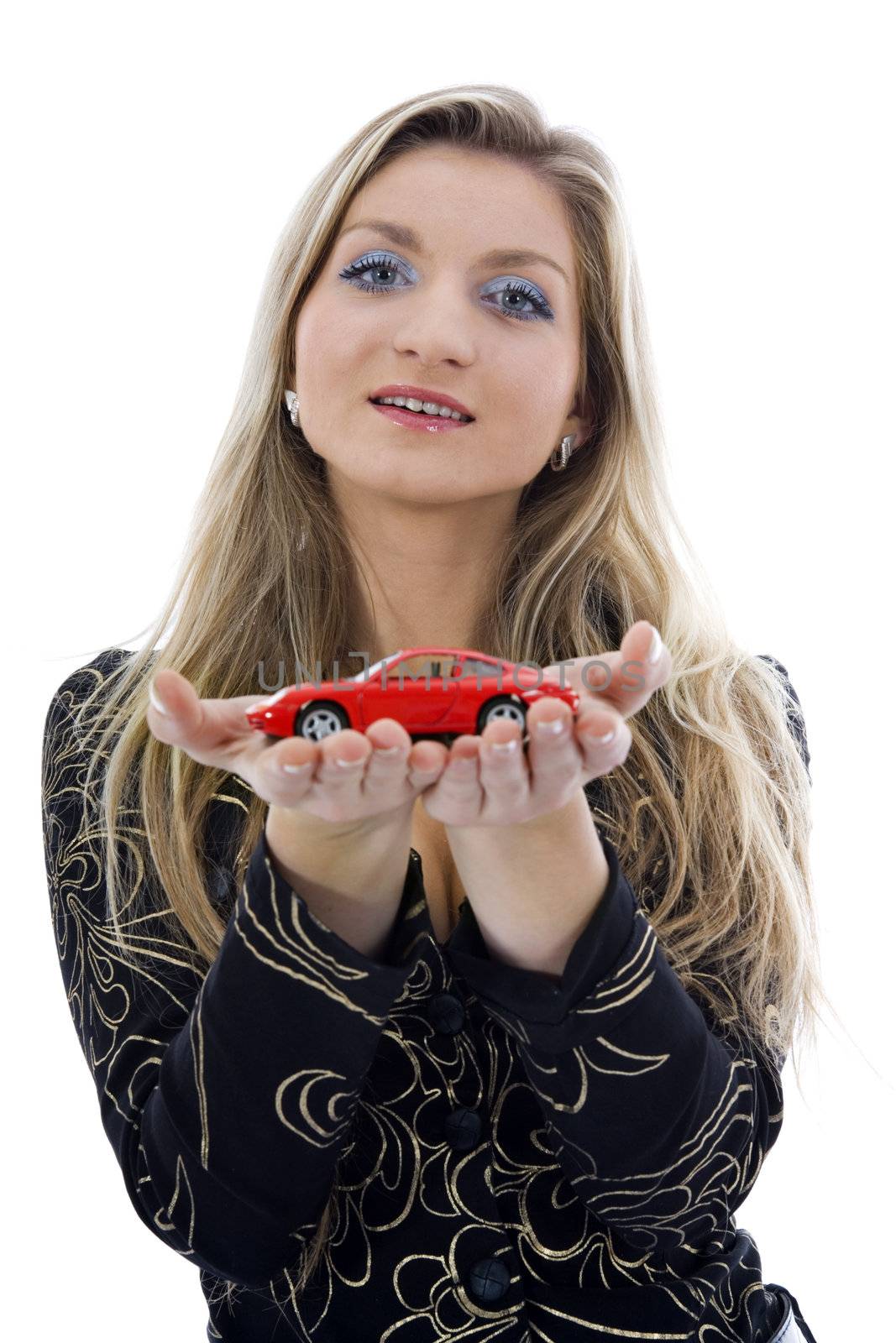 Business woman advertises selling the cars on isolated background