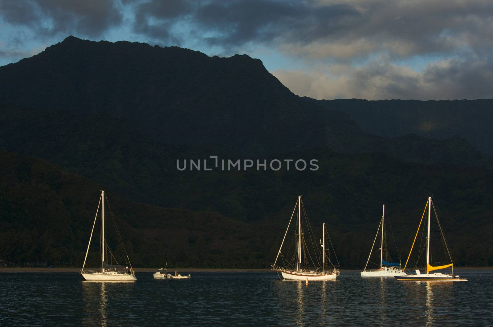 Sailboats in the Early Morning light on Hanalei Bay, Kauai, Hawaii.
