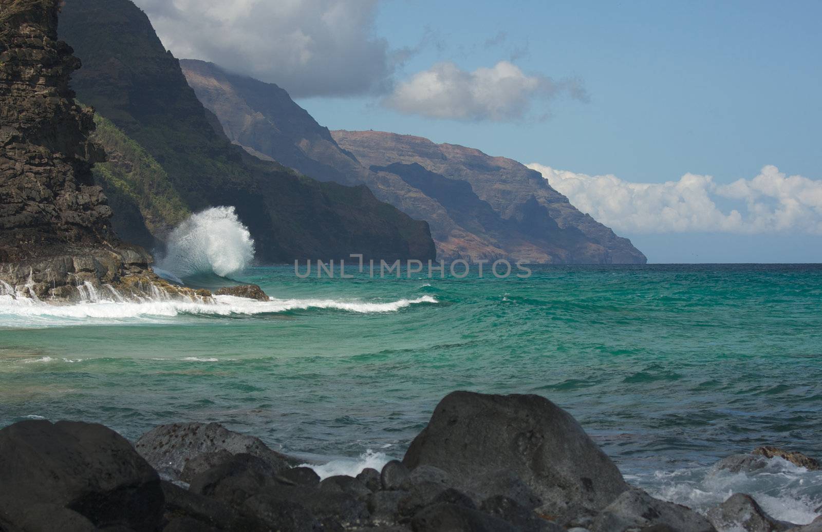 Kauai's Breathtaking Na Pali Coastline with crashing waves.